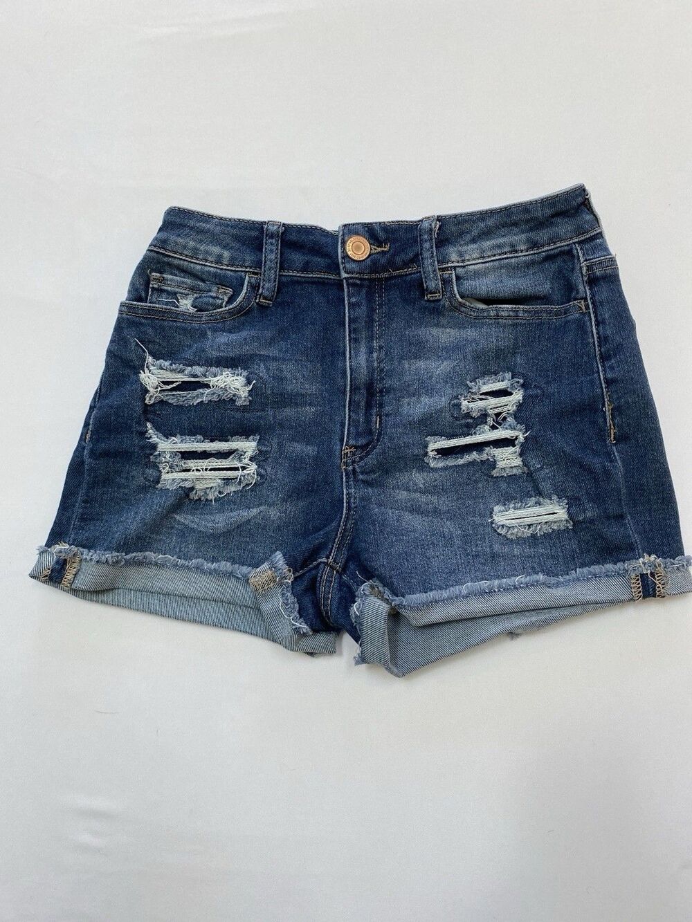 SO Womens Size 5 Distressed Denim Shorts Super High Rise Curvy Shortie Blue